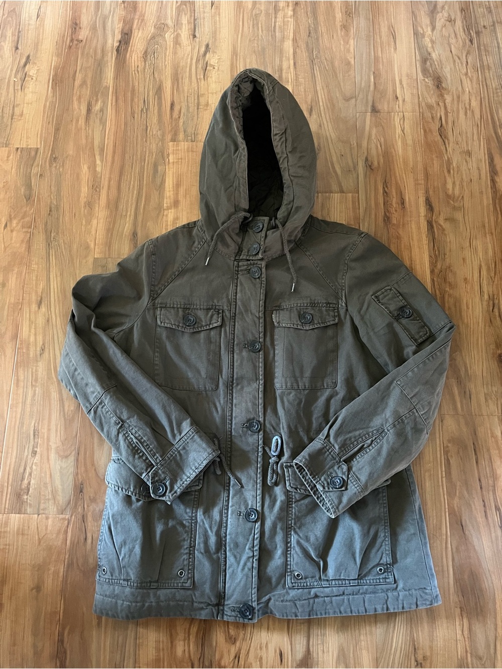 Levi's Army Hunter Green Quilted Utility Hooded Jacket Size Large Outdoor Pocket